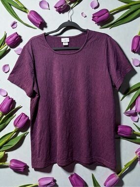 Jaclyn Smith Plum Short Sleeve Pintucked Wrinkly Textured Top